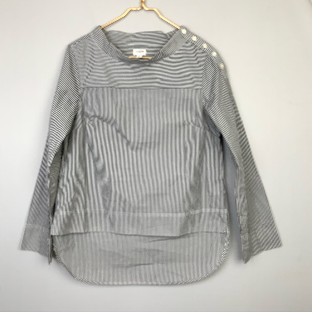 NWT J. Crew Sz 4 Gray White Striped Funnelneck Cotton Poplin Button Shoulder Top